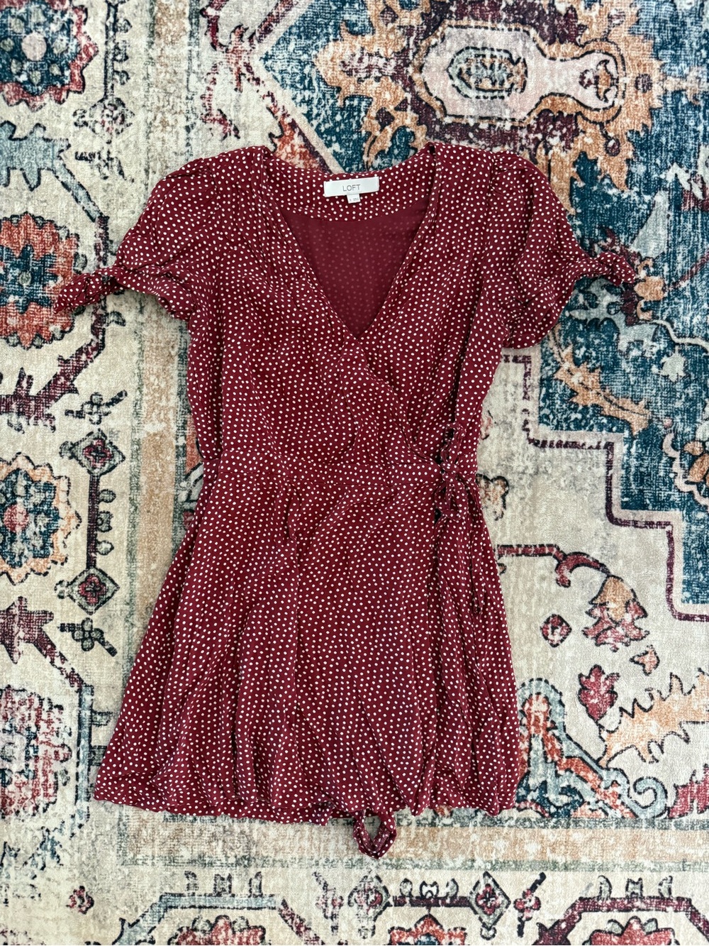 LOFT Burgundy Red Polka Dot Wrap Mini Dress